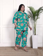 Plus Size Green Cotton Floral Print Co-ord Set -1200030